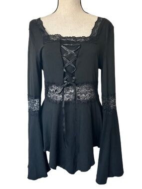 Whimsigoth Black Renaissance Corset Tunic Top Sheer Lace Bell Sleeve Goth Boho